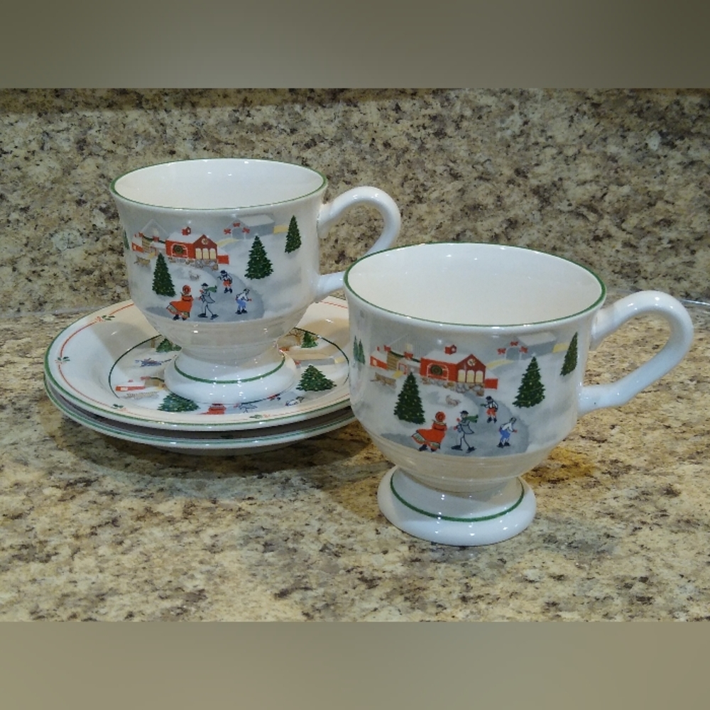 Sango 3900 Silent Night Pedestal Mugs & Saucers Set of 2 Joan Luntz